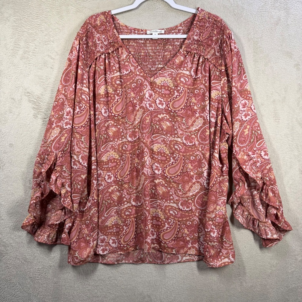 JohnPaulRichard Blouse Womens 3X Pink Paisley Whimsical Flowy Ruffle Sleeve Top